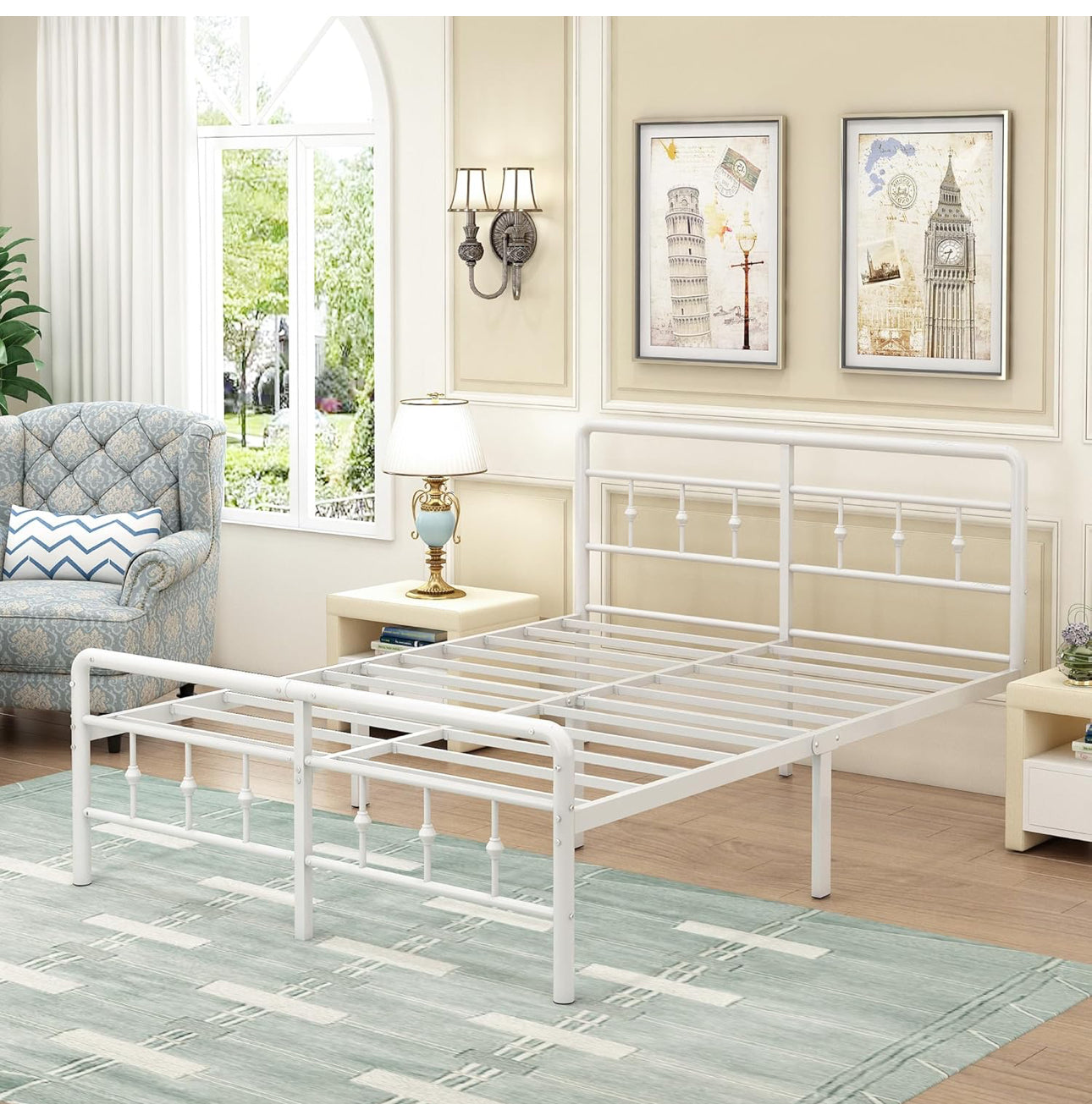 Small Double Bed Frame with Headboard and Footboard 120x190cm,46 cm High