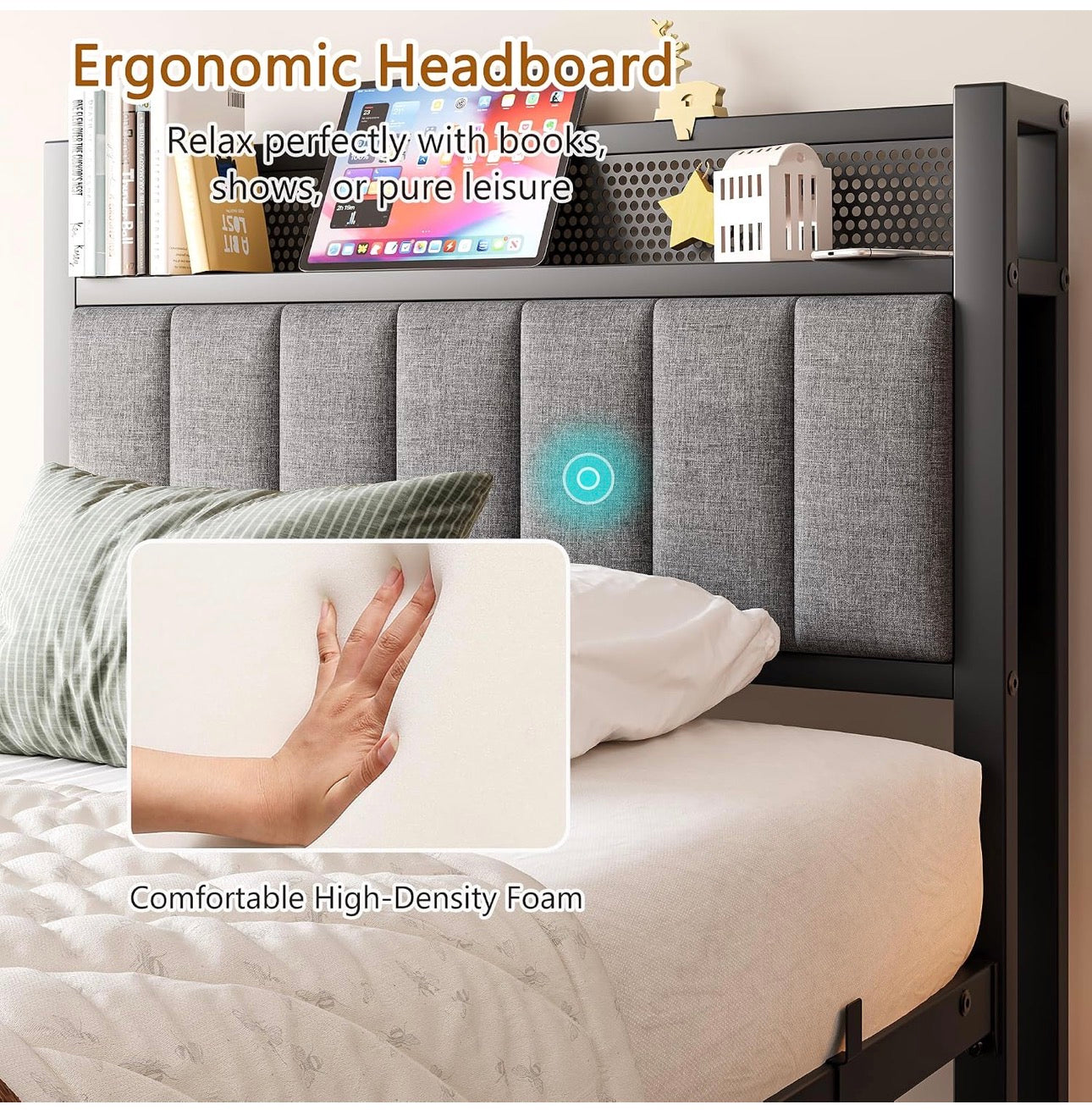 3ft Single Bed Frame With Storage Headboard, Upholstered Platform Bed Frame/Mattress Foundation/Metal Slat Support/No Box Spring Needed/Dark Grey bed frames single