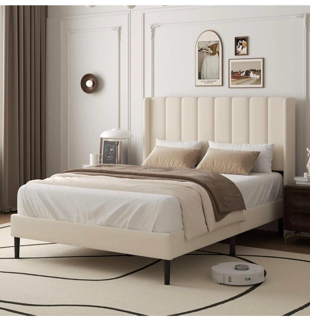 Double Bed Frame with Headboard, Vertical Channel Tufted