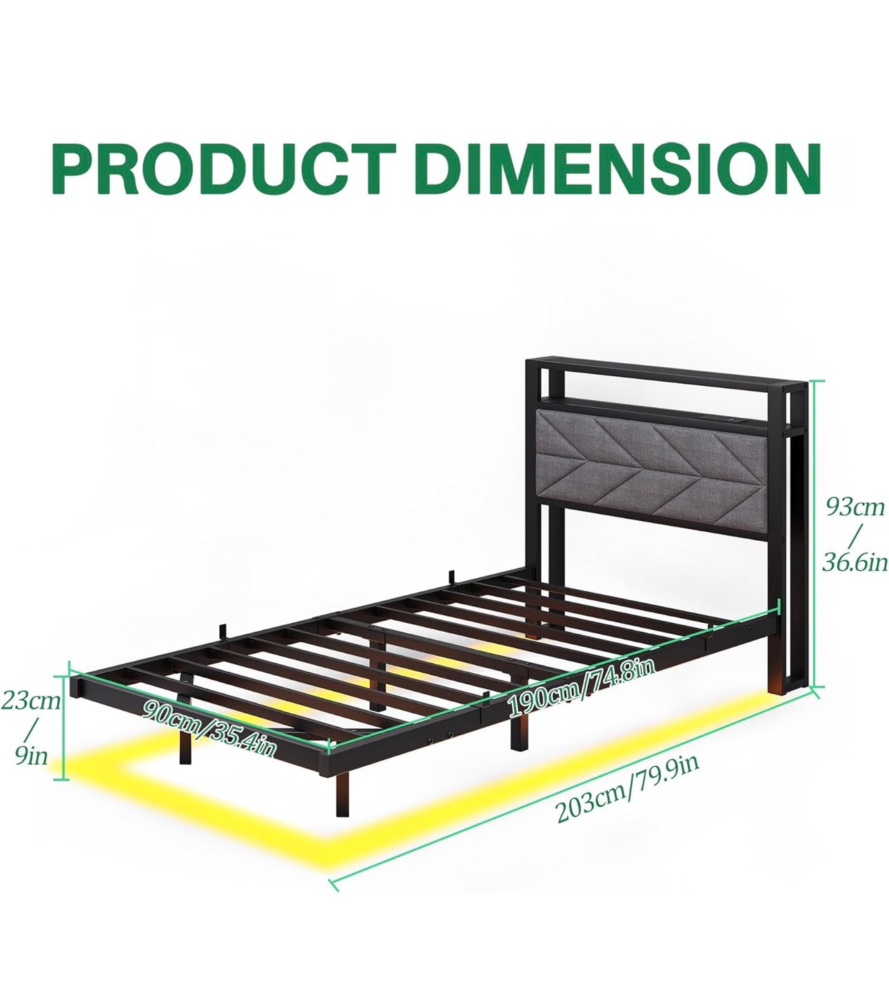 3ft Floating Single Bed Frame Upholstered Platform Bed with Storage Shelf Headboard,Charging Station/LED Lights,Metal Slat Support/Noise Free,No Box Spring Needed,90x190 Single Size,Black