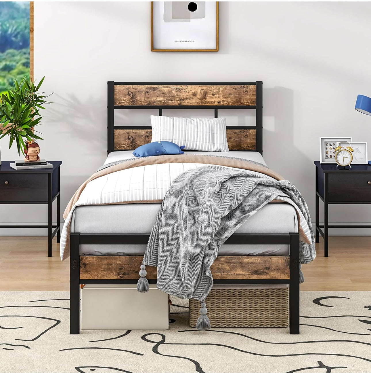 Single Bed Frame with Storage, Metal Bed Frame
