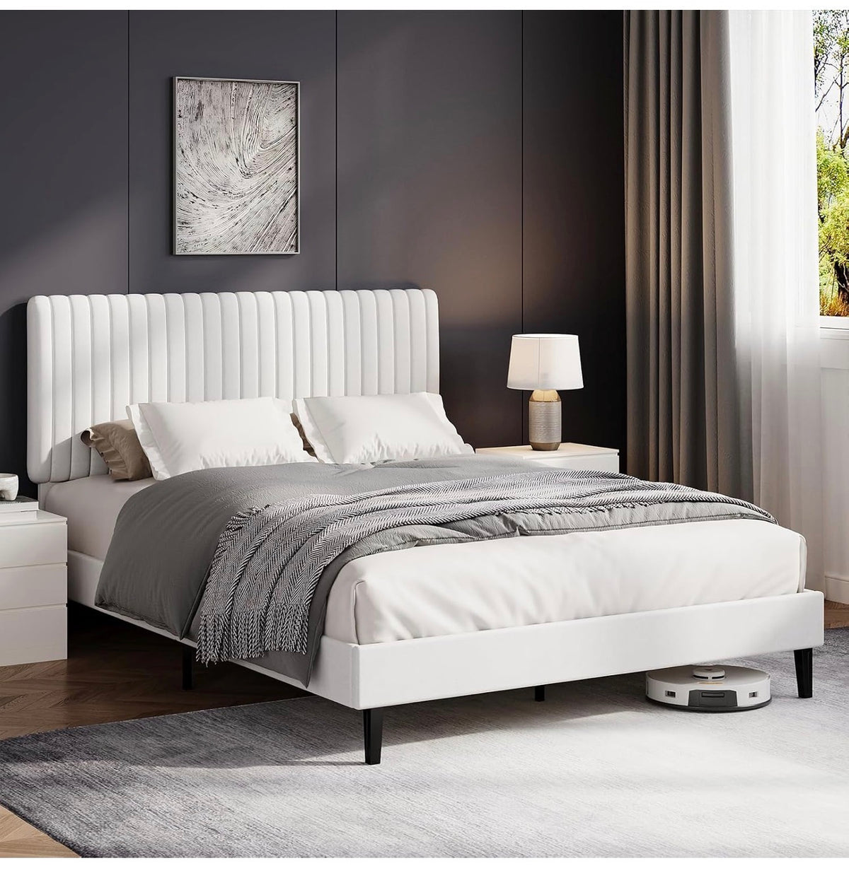 Double Bed Frame with Headboard, 135 X 190, White
Upholstered Bed, Velvet Headboard, Adjustable Height, Wooden Slat Support, No Box Spring Needed