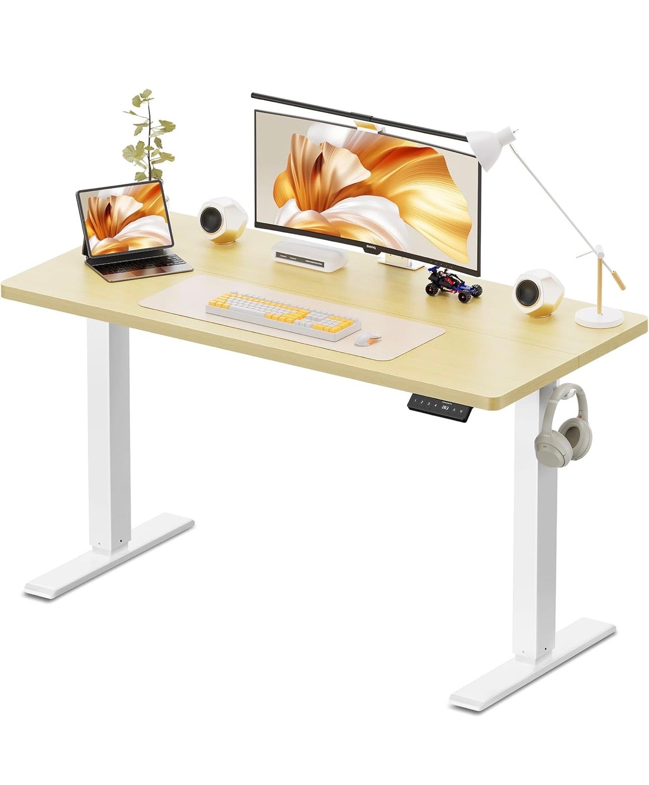 120 x 60 cm Standing Desk, Electric Height Adjustable Desk with 2 Hooks, Computer Desk with 4 Memory Heights and Splice Board, Ergonomic Sit Stand Table for Home Office, Oak