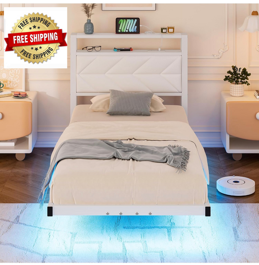 Metal Bed Frame with LED Lights and Charging Station, Heavy Duty Metal Slat Support, Noise Free, No Box Spring Needed