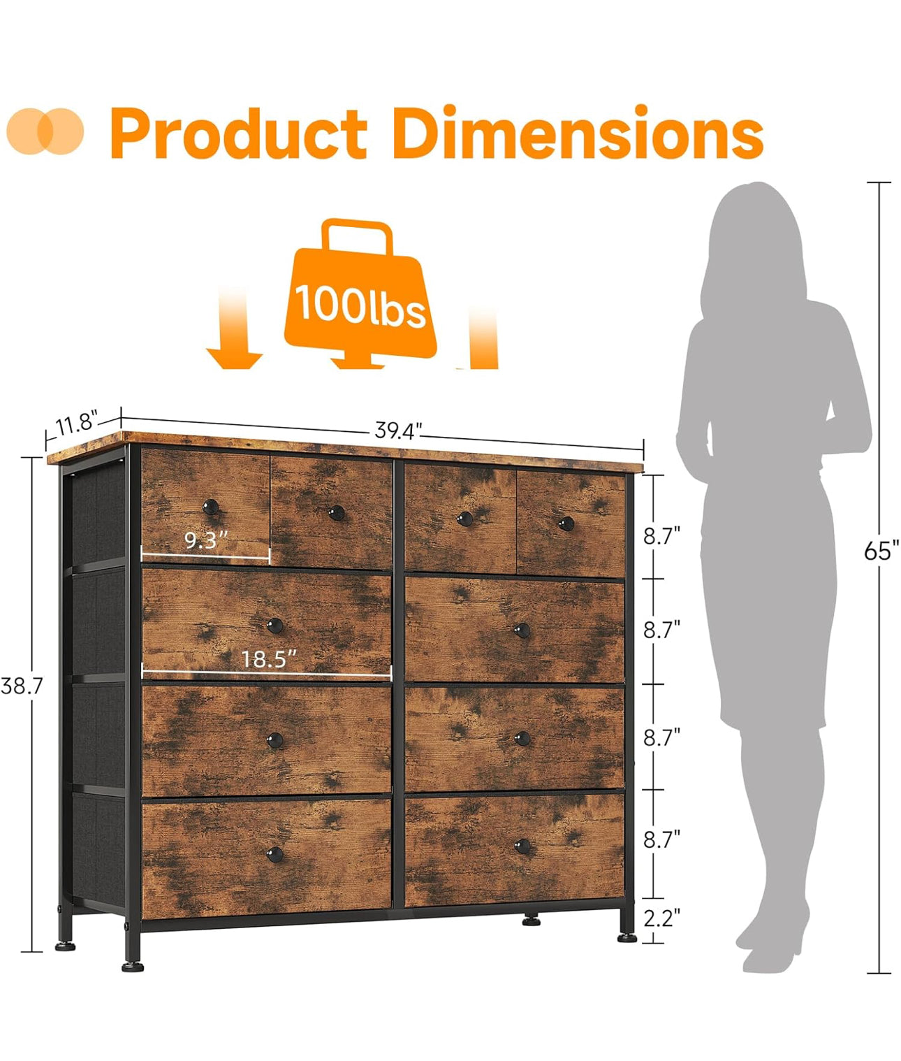 Chest of Drawers, Fabric Dresser for Bedroom with 10 Drawers