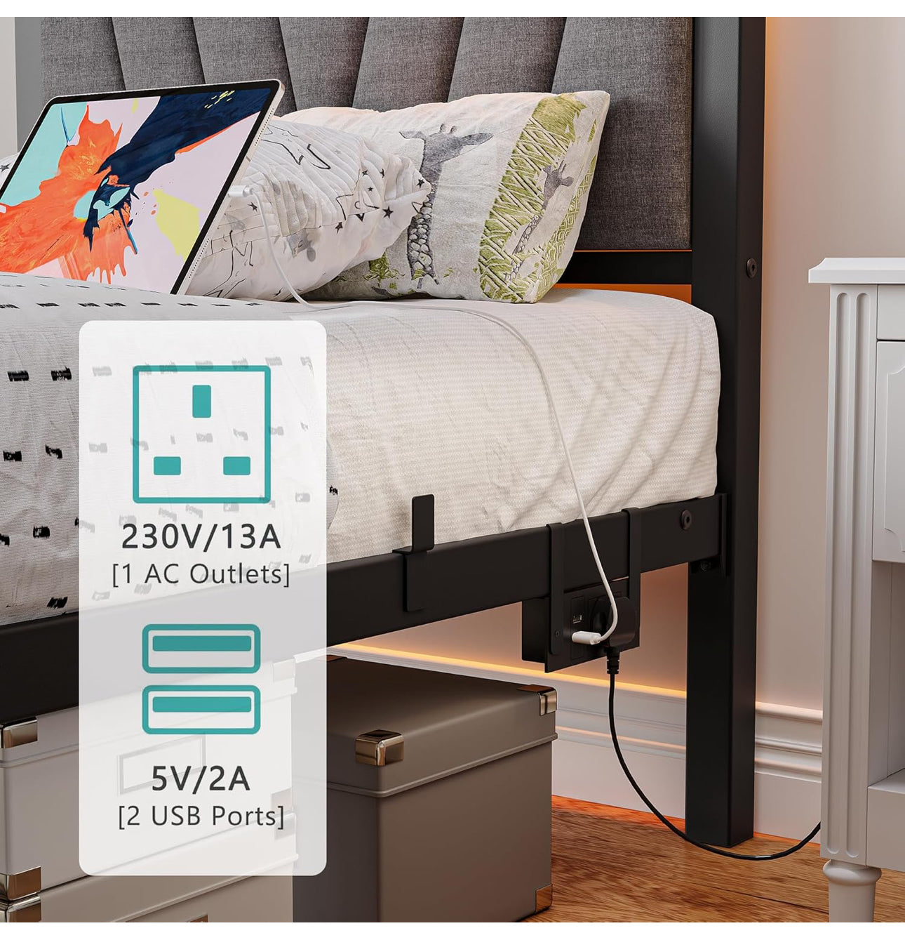 Bed frame with Headboard and USB Charging Station