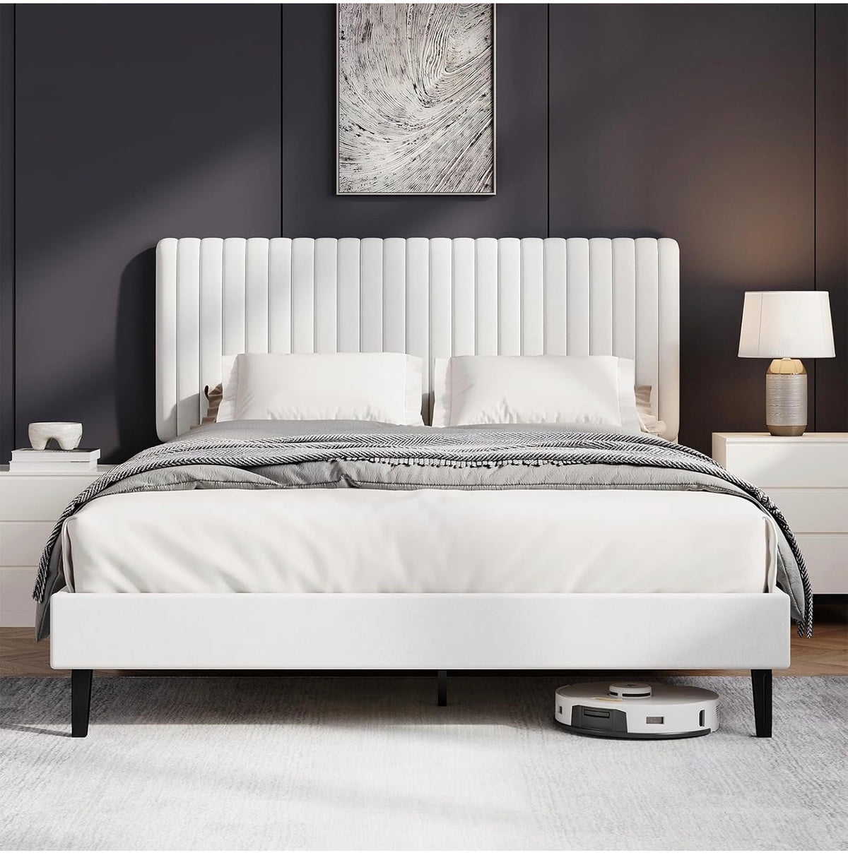 Double Bed Frame with Headboard, 135 X 190, White
Upholstered Bed, Velvet Headboard, Adjustable Height, Wooden Slat Support, No Box Spring Needed
