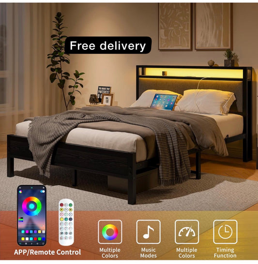 5FT King Size Bed Frame with LED Lights and Charging Station, Heavy Duty Metal Platform Upholstered King Bed frame with Storage Fabric Headboard,Metal Slats Support,Mattress Foundation (Black)