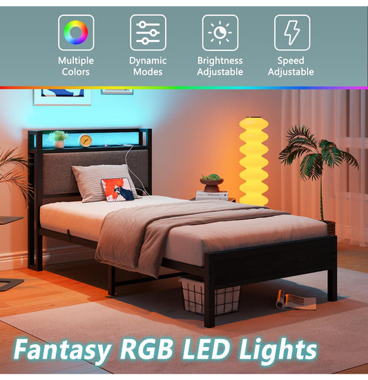 3ft Single Bed Frame with Storage Headboard,LED Lights,Metal Upholstered Platform Bed Frame with Charging Station