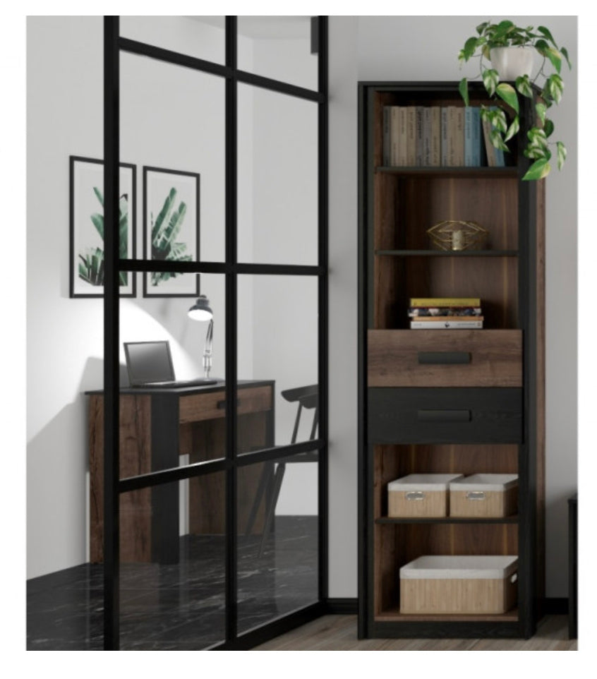 Bookcase Tall Slim Shelf Unit with Drawers Storage Display Shelving Cabinet Oak/Black Effect