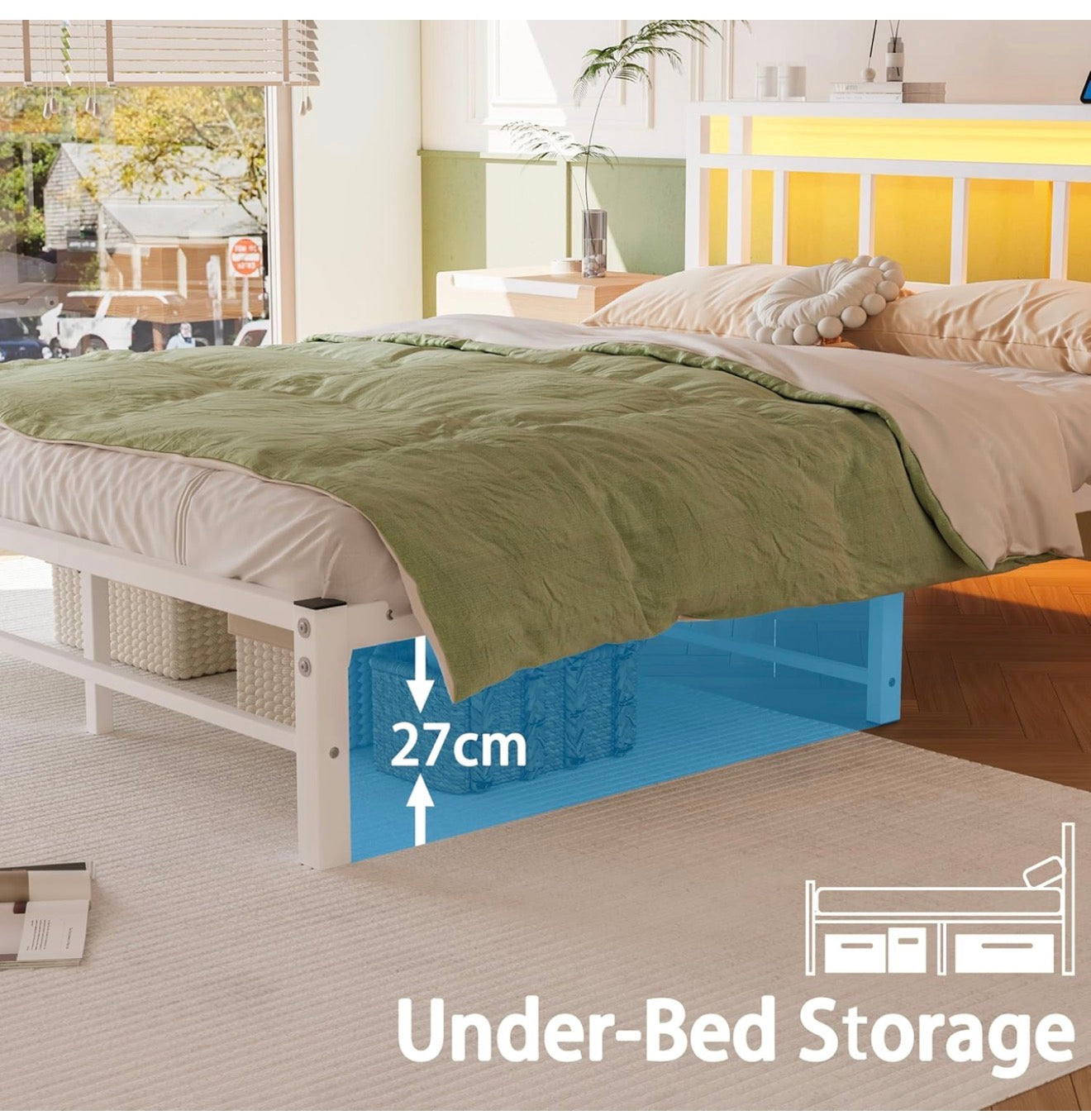 Double Bed Frame with Storage Headboard,4ft6 Bed Frame Double Bed Base with Charging Station and LED Lights