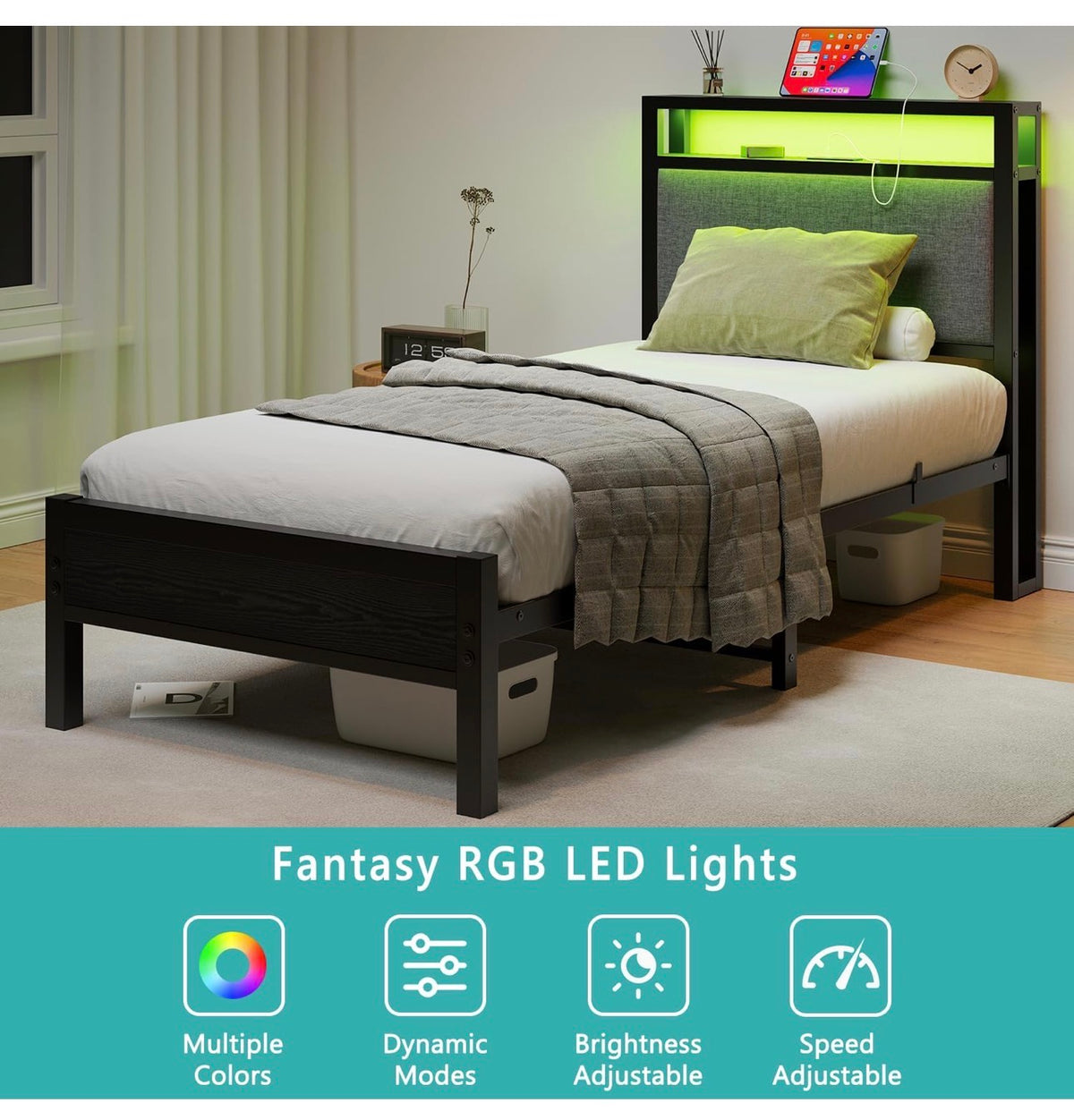3FT Single Bed Frame with Storage Headboard, Black
Metal Single Bed with Upholstered Headboard, LED Lights and Charging Station, Heavy Duty Metal Slats Support,Easy Assembly