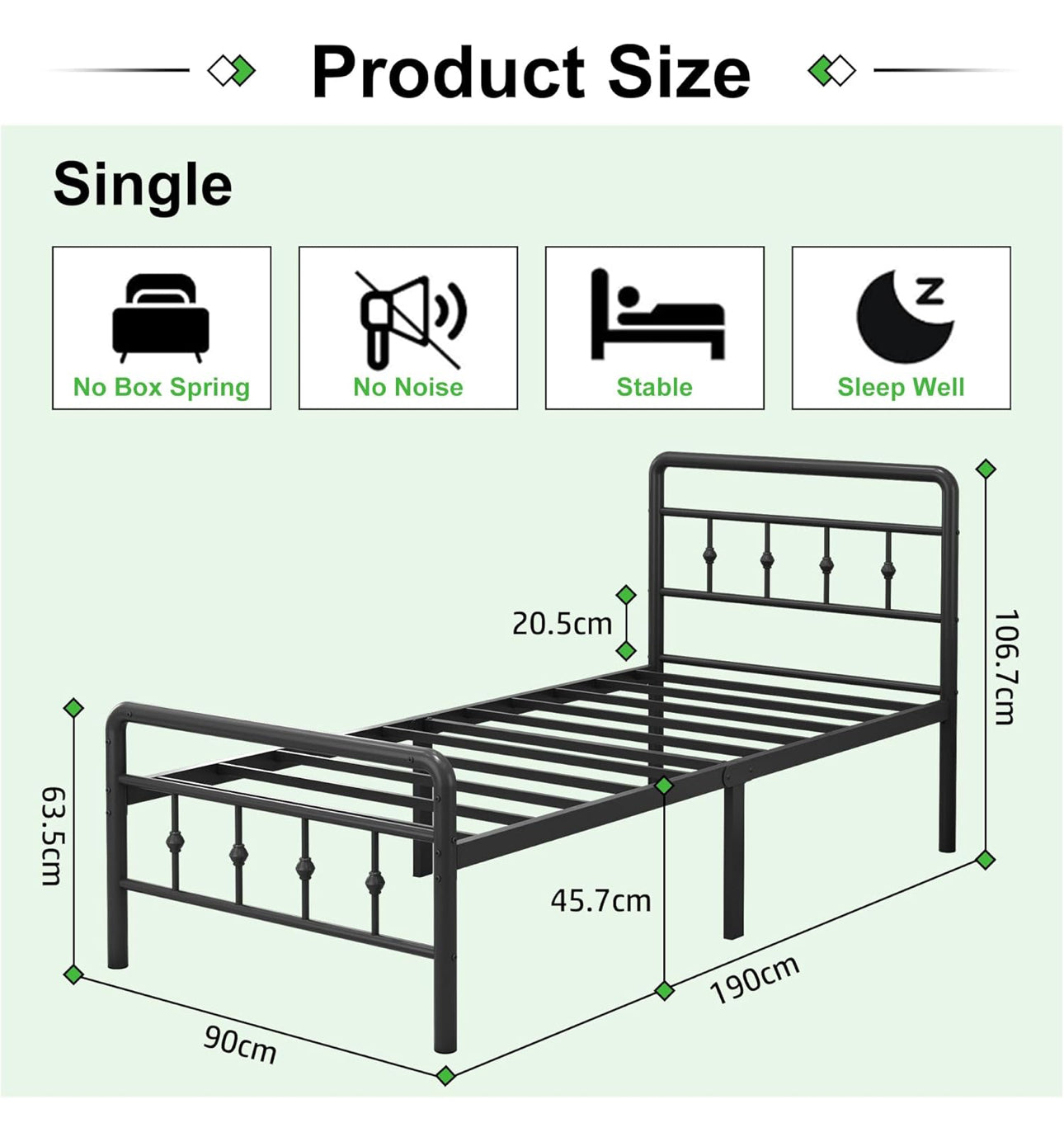 Single Bed Frame 3ft with Headboard and Footboard, Single Metal