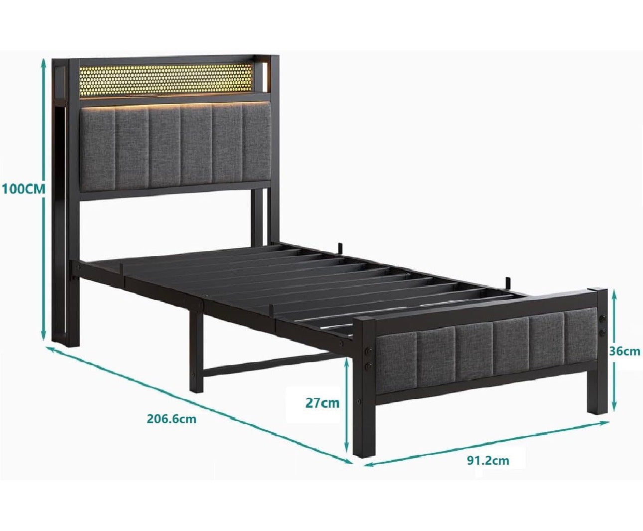 Single Bed Frame with Upholstered Headboard, Wooden Storage Headboard Shelf, 3ft Upholstered Bed Frame with Charging Station/USB Ports and LED Lights (Gray Single Bed)
