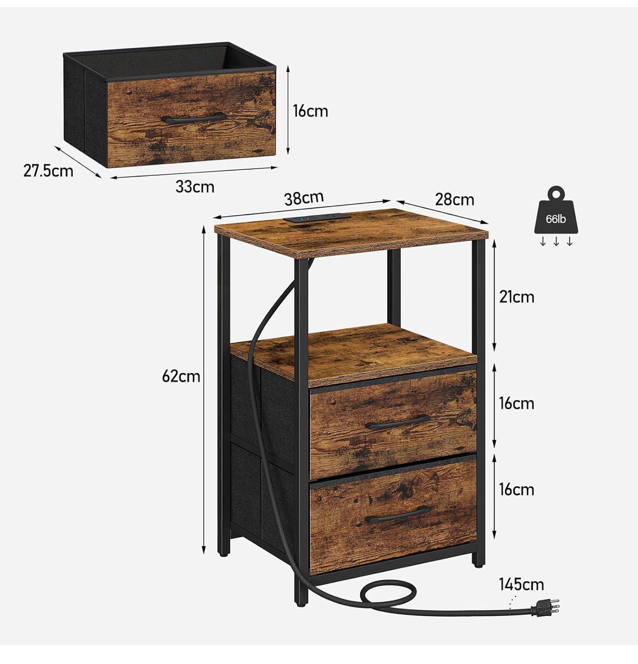 Bedside Table with Charging Station, Side Table with 2 USB Ports and Outlets, Nightstand with Cloth Drawer, Set of 2, End Table, Brown