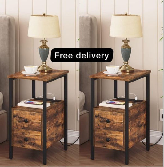 2 Bedside Tables, Side Table with Charging Station