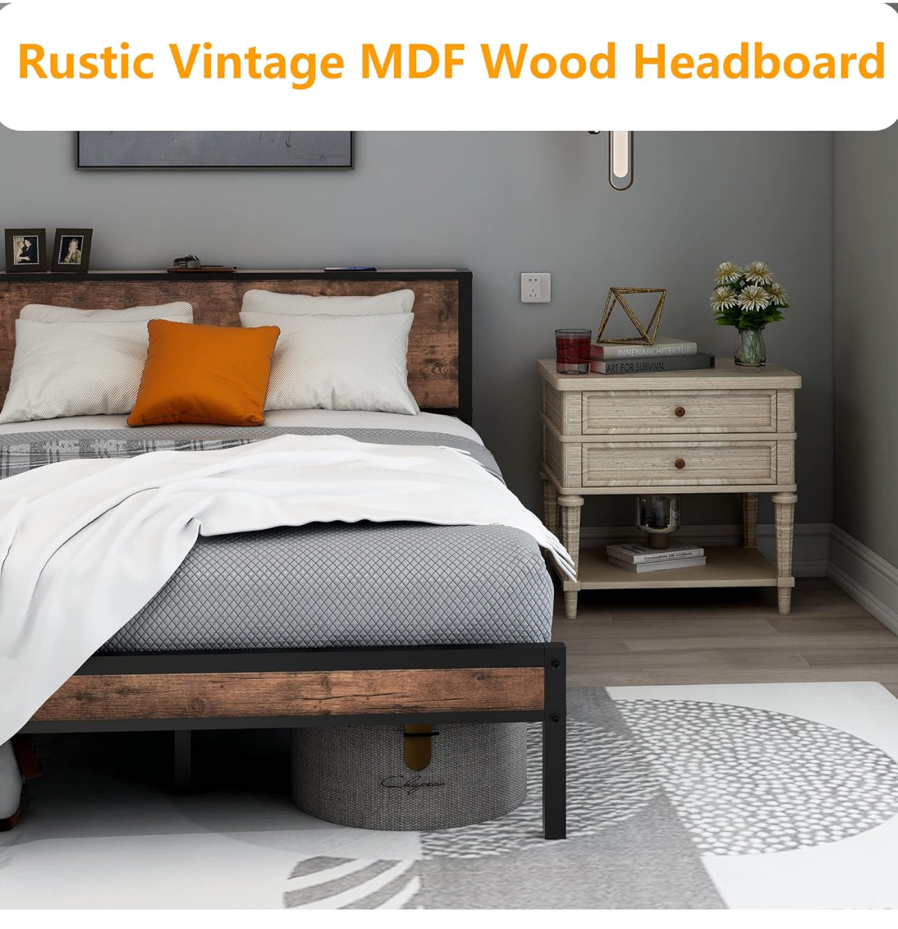 Double Bed Frame Metal Platform Bed Frame with Wood Headboard