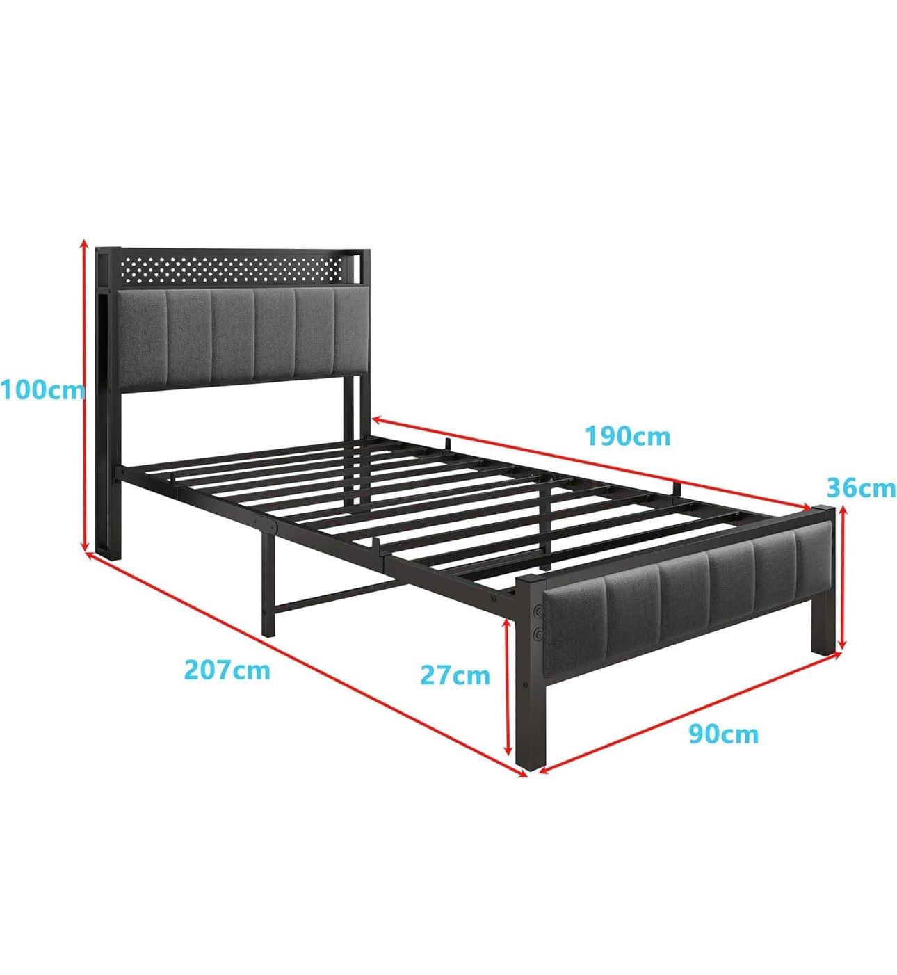 3ft Single Bed Frame With Storage Headboard, Upholstered Platform Bed Frame/Mattress Foundation/Metal Slat Support/No Box Spring Needed/Dark Grey bed frames single