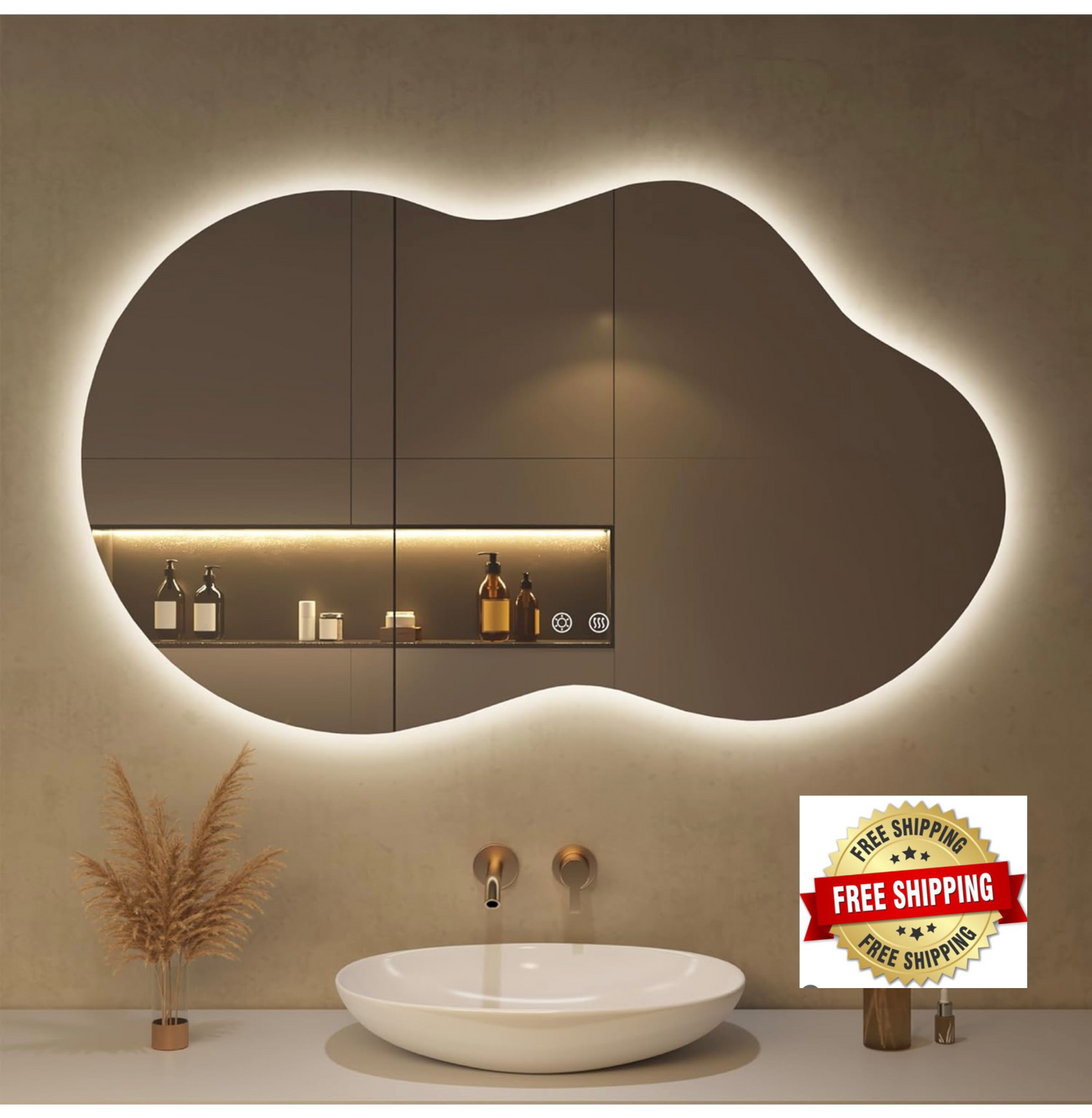 Bathroom Mirror with LED Lights,100X60cm Irregular LED Bathroom Mirror, Anti-Fog, 3 Colour, Dimmable, Vertical/Horizontal