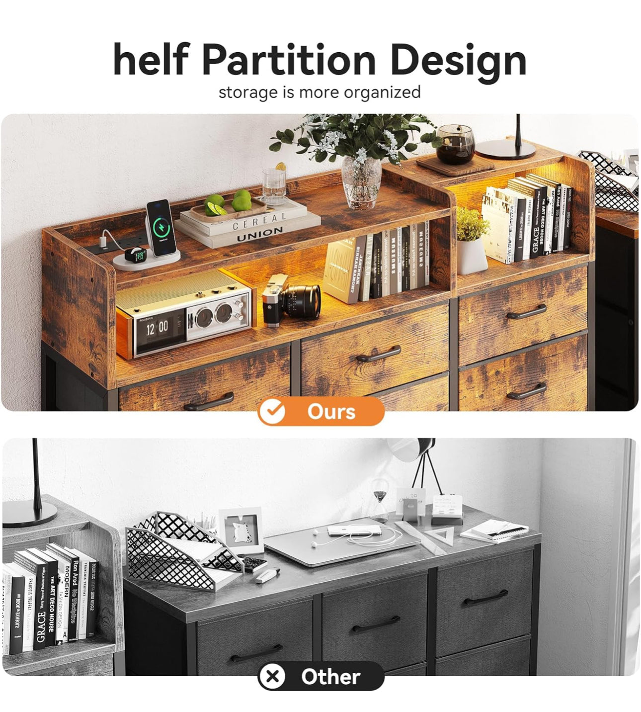 Chest of Drawers Bedroom, Dresser Cabinet with 2 Sockets,