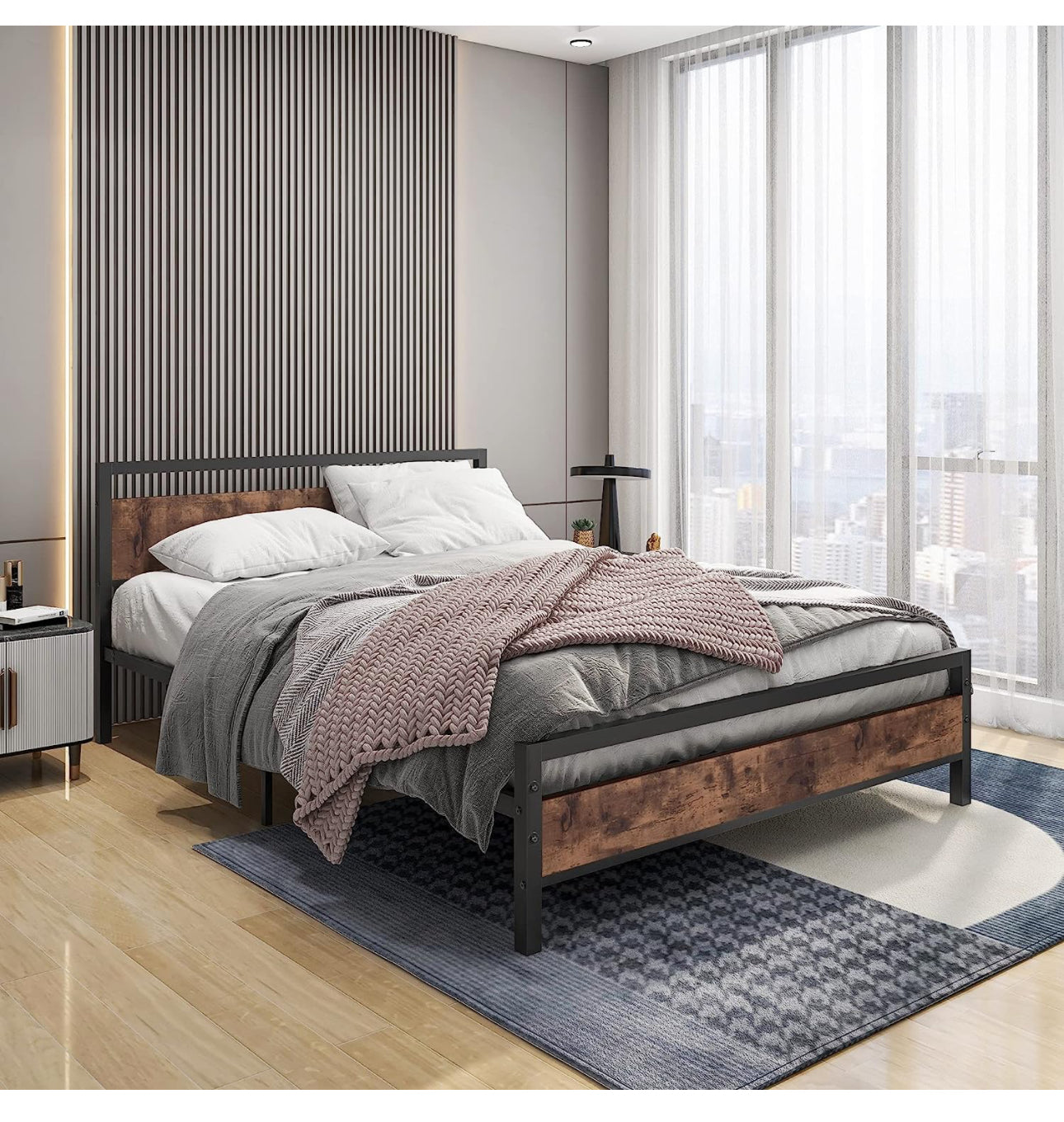 King Size Metal Platform Bed Frame with Wooden Headboard