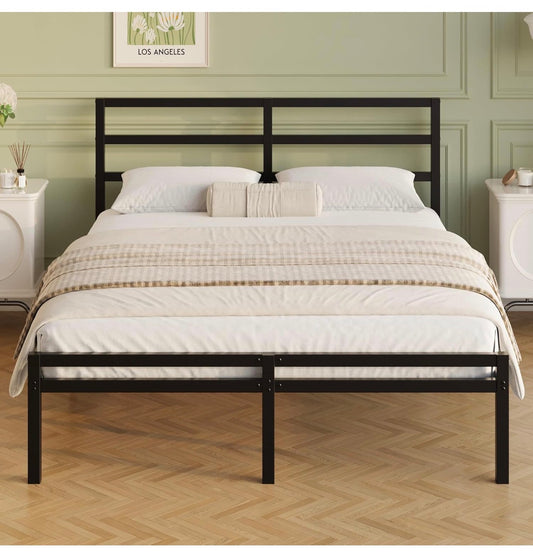 Metal Double Bed Frame with Headboard and Footboard | Fits 135 x 190 cm Mattress, Steel Slats Support, 30 cm Storage Space Underbed, Noise Free, Easy Assembly, Black