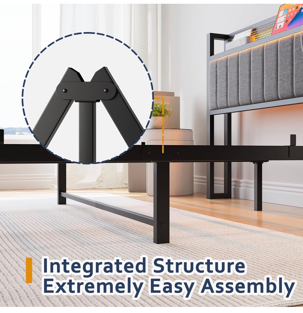 Single Bed Frame with Upholstered Headboard, Wooden Storage Headboard Shelf, 3ft Upholstered Bed Frame with Charging Station/USB Ports and LED Lights (Gray Single Bed)