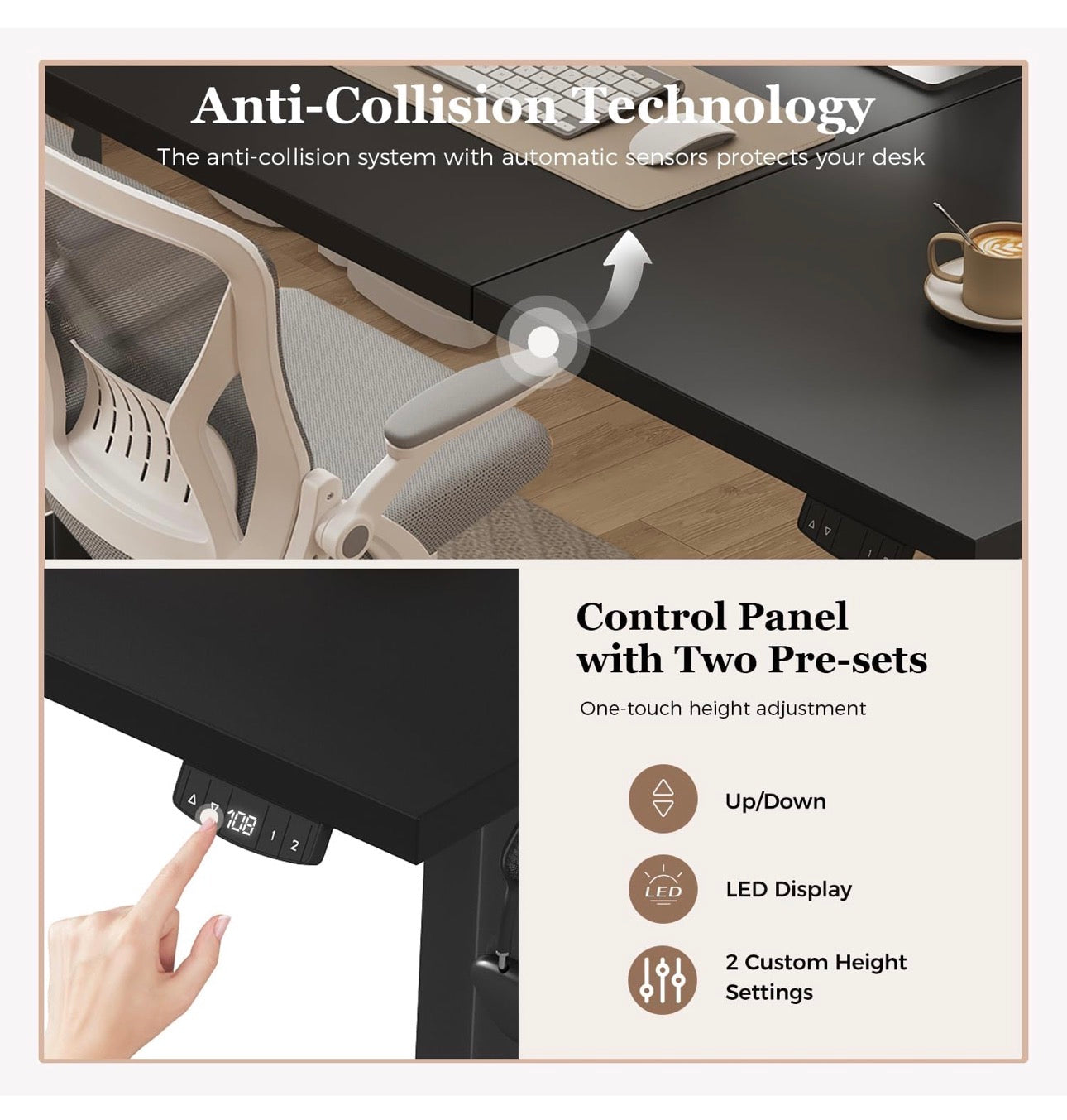 Height-Adjustable Desk, Electric Sit-Stand Office Desk, Computer Desk with 2 Memory Functions