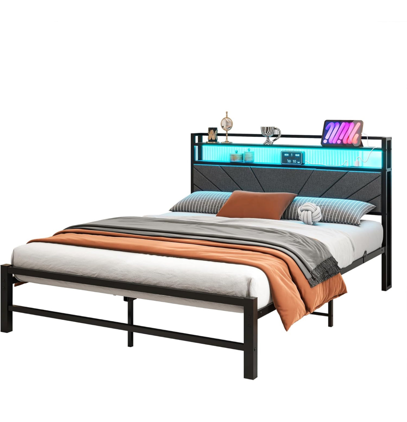 King Size Bed Frame with LED Lights Storage