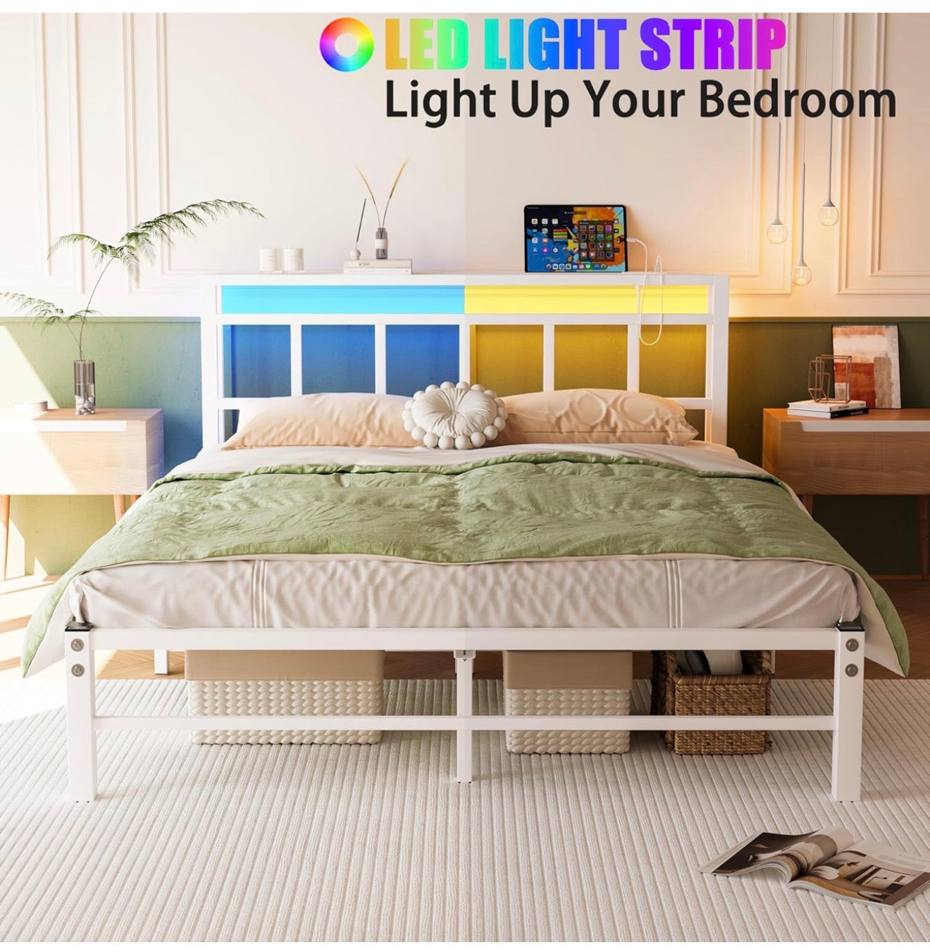 Double Bed Frame with Storage Headboard,4ft6 Bed Frame Double Bed Base with Charging Station and LED Lights