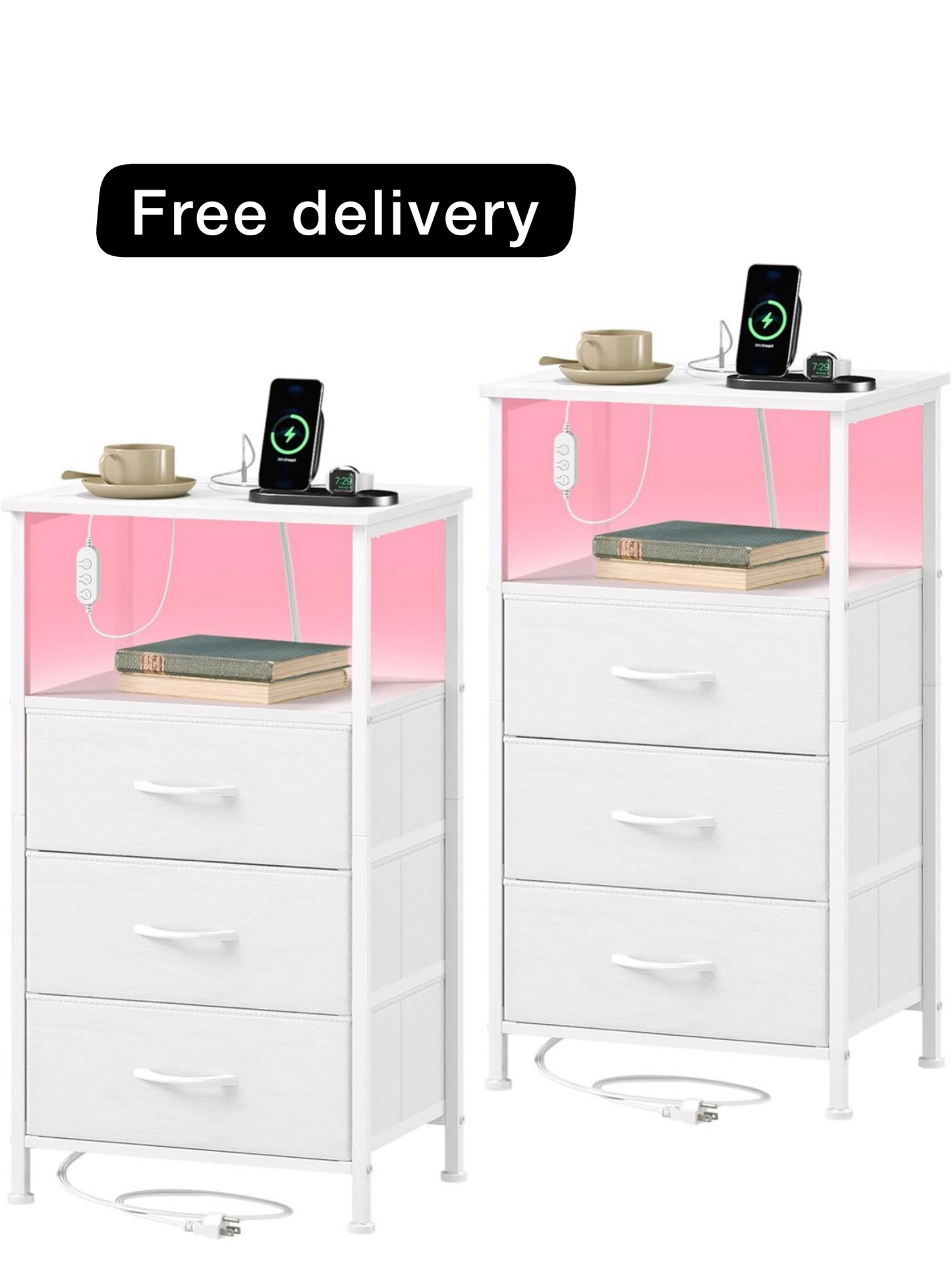3 Drawers Chest of Drawers for Bedroom with Charging Station and LED Light, Bedside Table with 2 Outlets and 2 USB Ports, Bed Side Table Cabinet for Dorm Kids Room Closet, White Leather