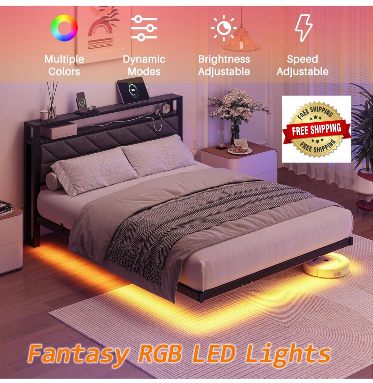 4ft6 Upholstered Floating Double Bed Frame Black, Storage Headboard
Metal Bed Frame with LED Lights and Charging Station, Heavy Duty Metal Slat Support, Noise Free, No Box Spring Needed