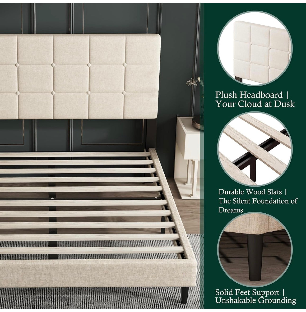 4ft Small Double Bed Frame with Upholstered Headboard, Beige
Upholstered, Solid slats Support, No Box Spring Needed, Easy Assembly,Underbed Storage,ideal for bedrooms, apartments