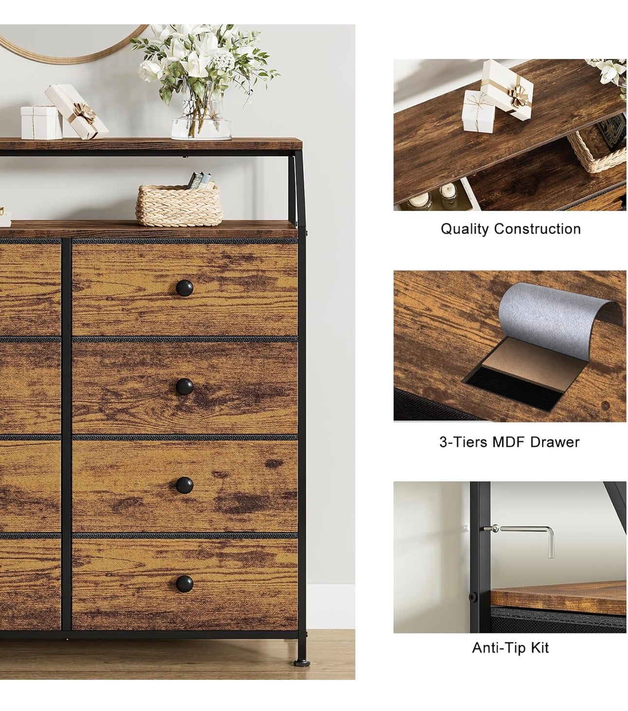Chest of Drawers with 8 Drawers, Rustic Brown Dresser for Bedroom with Shelf and 2Pcs Wooden Top, Large Storage Organizer Unit for Closet, Living Room, Entryway
