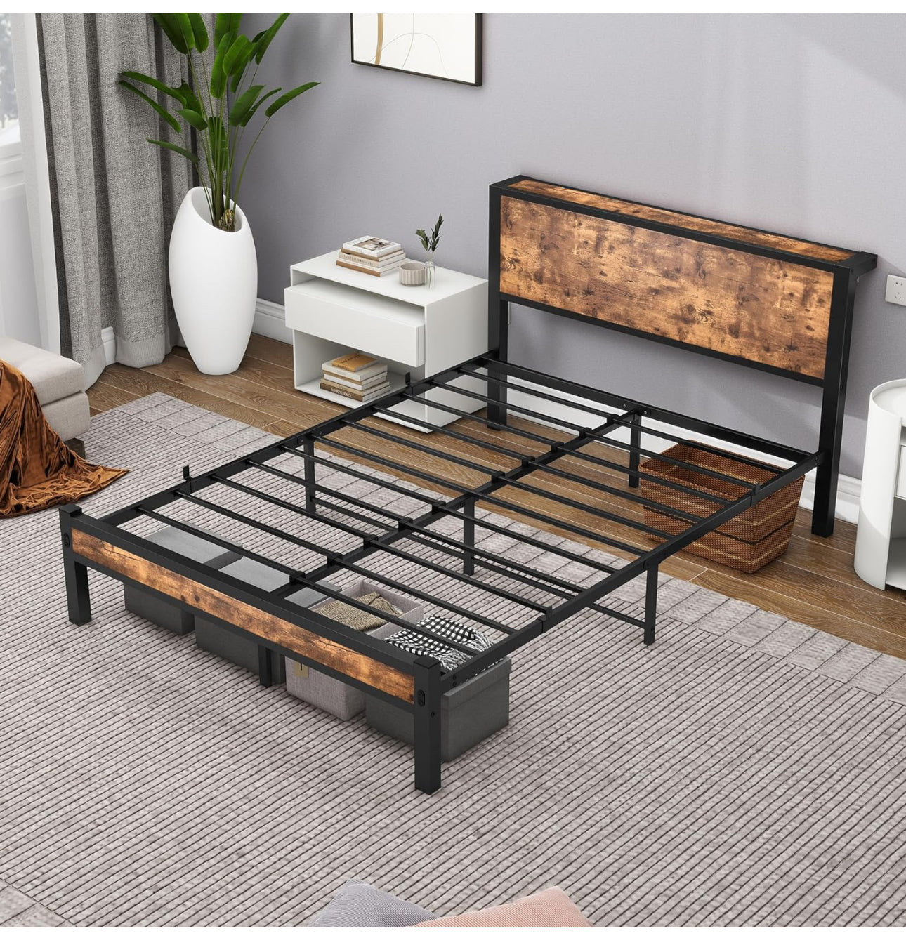 Double Bed Frame with Wooden Storage Shelf Headboard