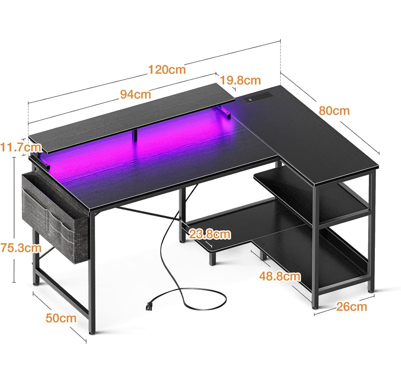 L Shaped Gaming Desk with LED Lights, 120 × 80 cm Computer Desk with Power Outlet, Reversible Corner Gaming Table with Storage Shelves & Monitor Stand, Black