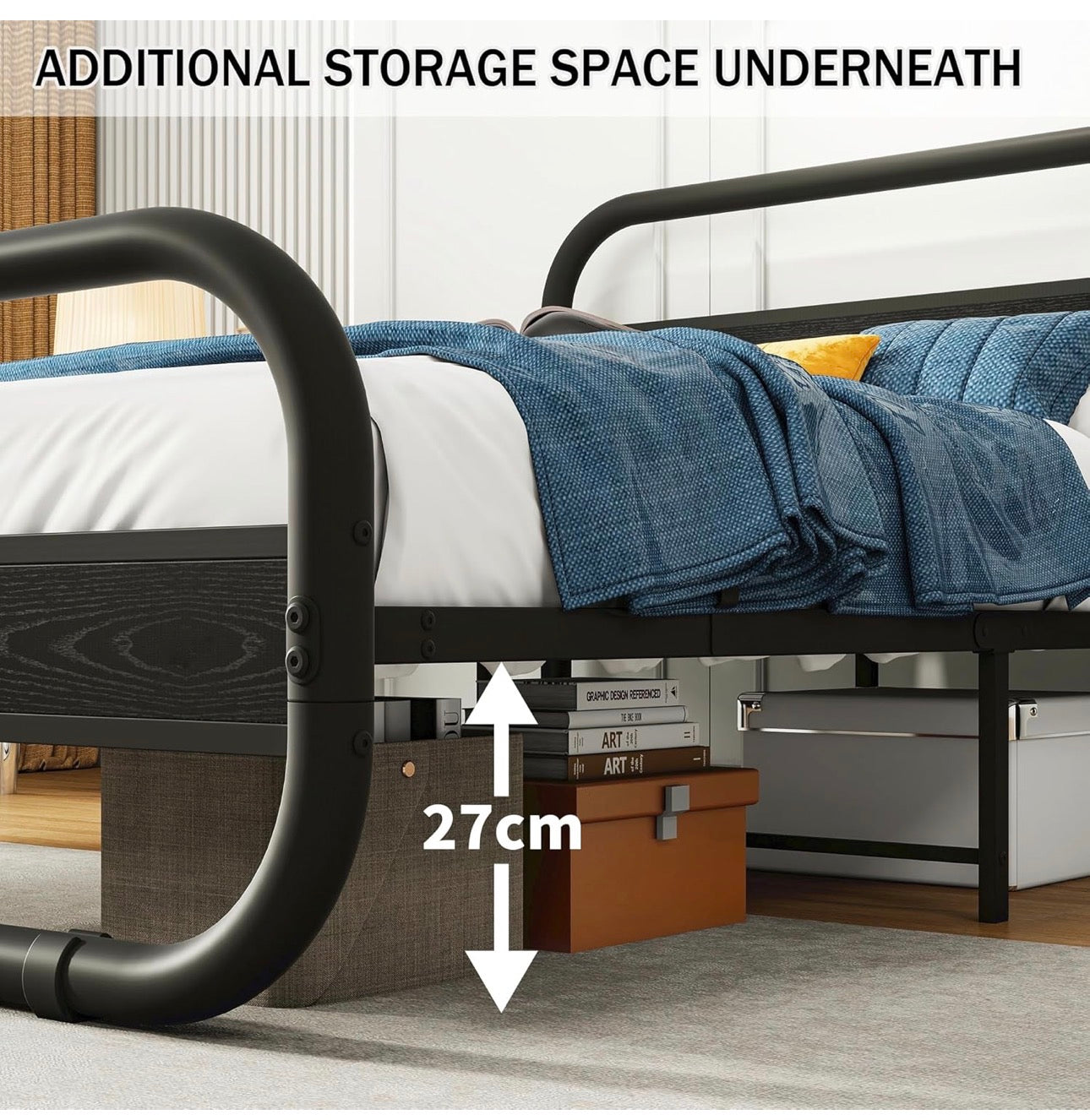 Double Size Bed Frame with Headboard,135x190 cm,Black | Oval-Shaped Platform Bed with Under-Bed Storage,Steel Slats Mattress Foundation Round Pipe Design,Enhanced Support Noise Free