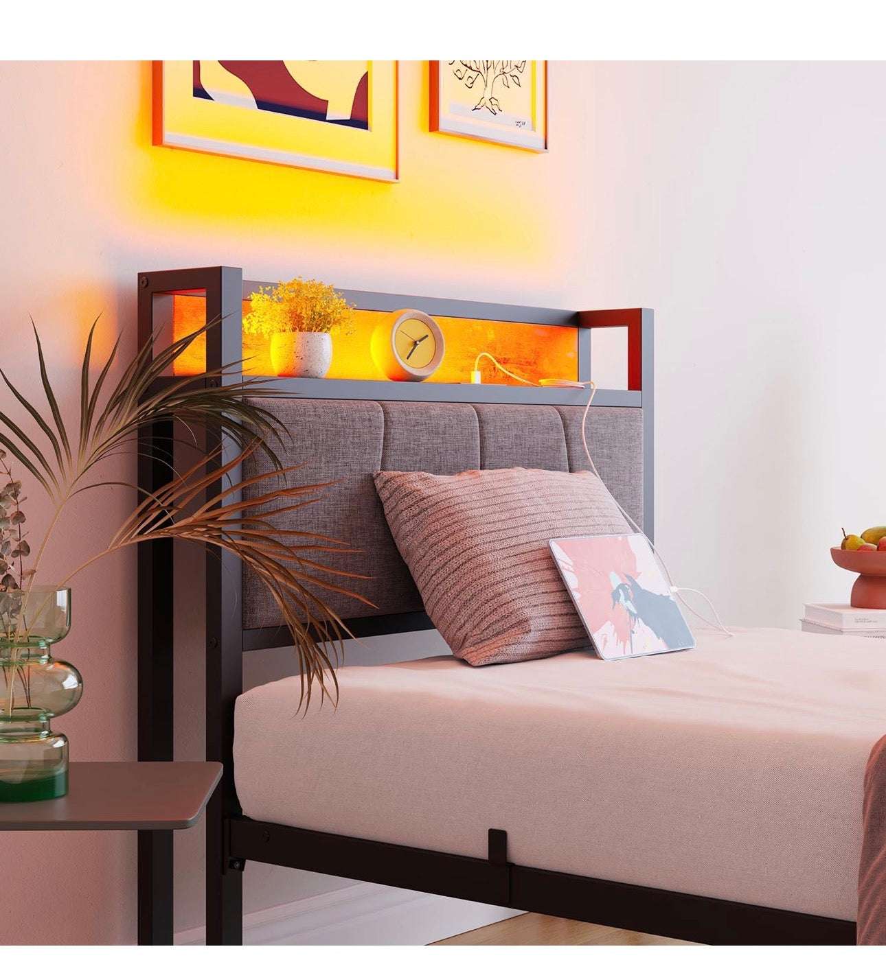 3ft Single Bed Frame with Storage Headboard,LED Lights Brown