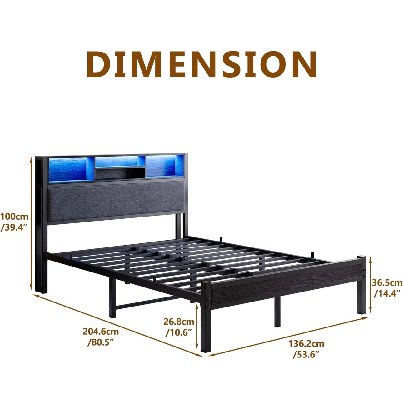 4ft6 Double Size Bed Frame with Storage Shelf Upholstered Headboard