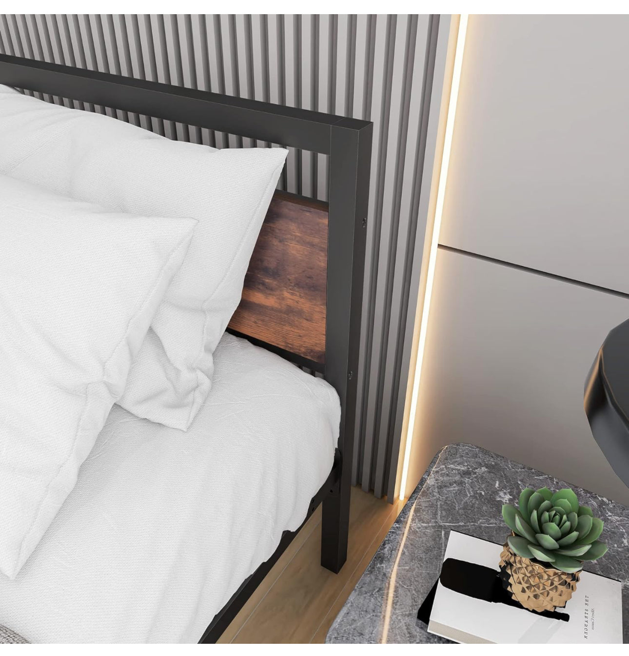King Size Metal Platform Bed Frame with Wooden Headboard
