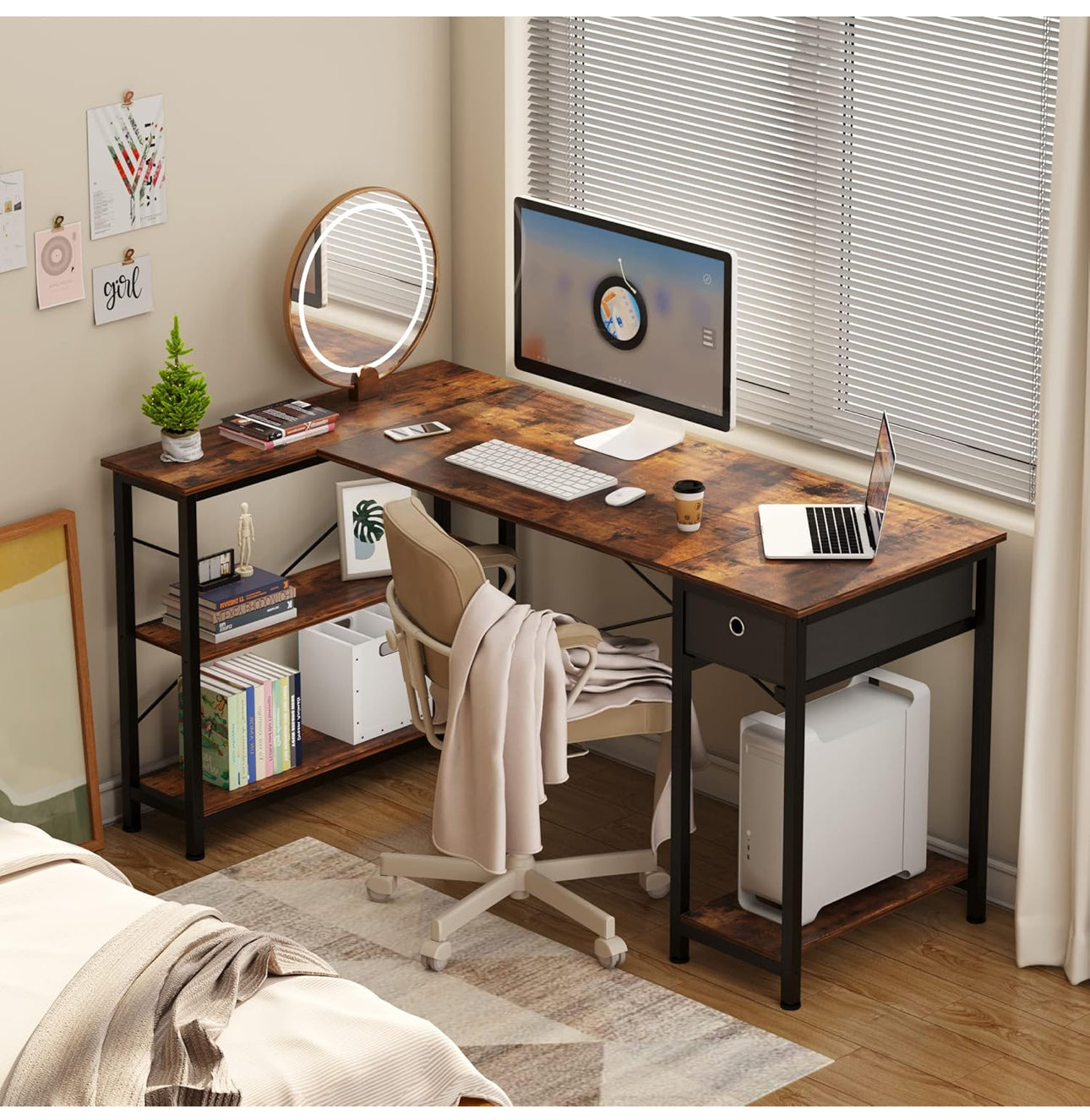 L Shaped Desk with Storage Shelves 56.7"