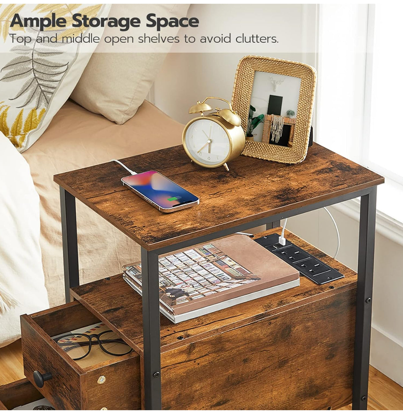 2 Bedside Tables, Side Table with Charging Station