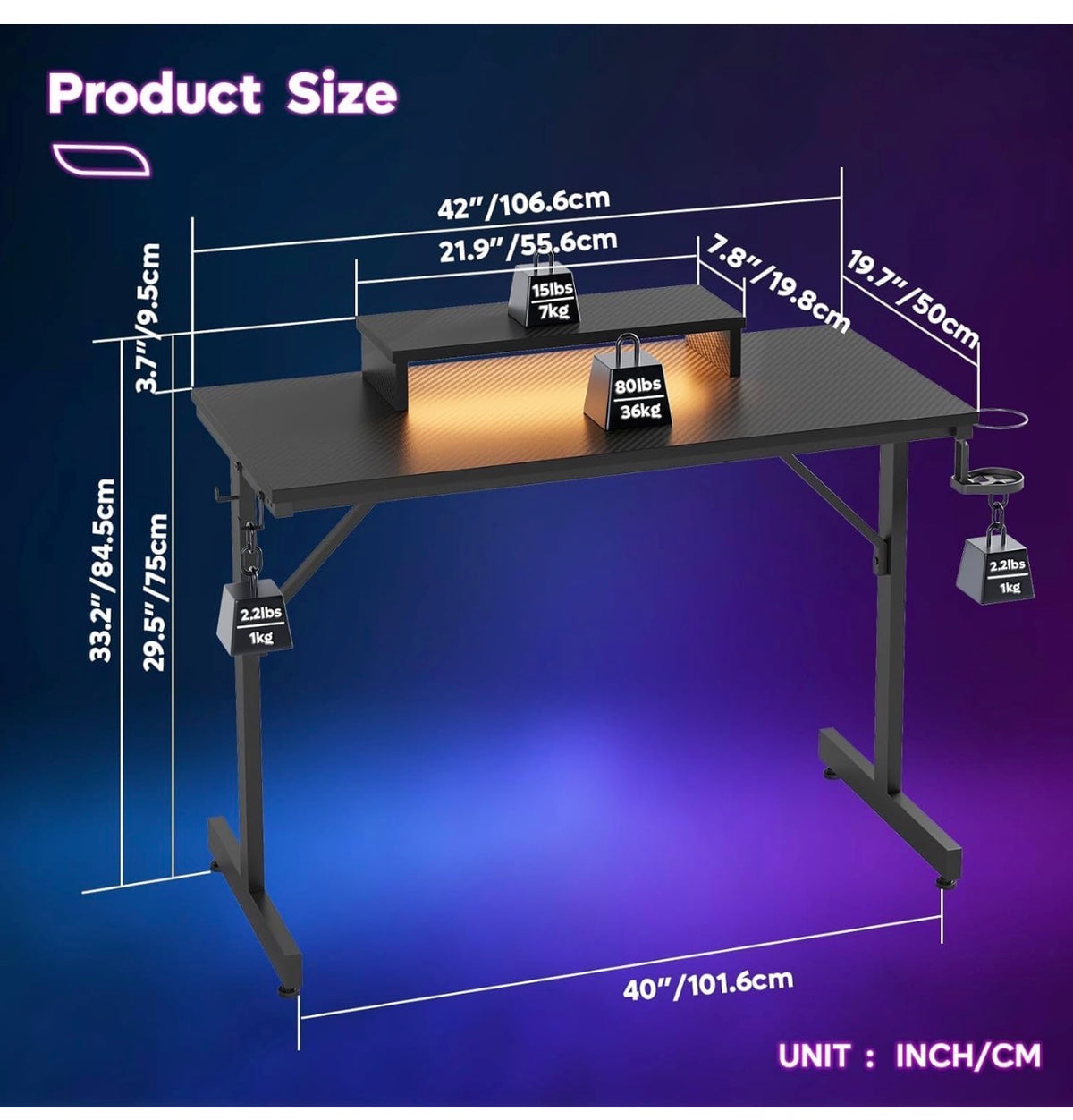 Gaming Desk 106.6 CM LED Computer Desk with Monitor Stand Gamer Workstation with Cup Holder & Headset Hooks for Home Office Bedroom Small Space