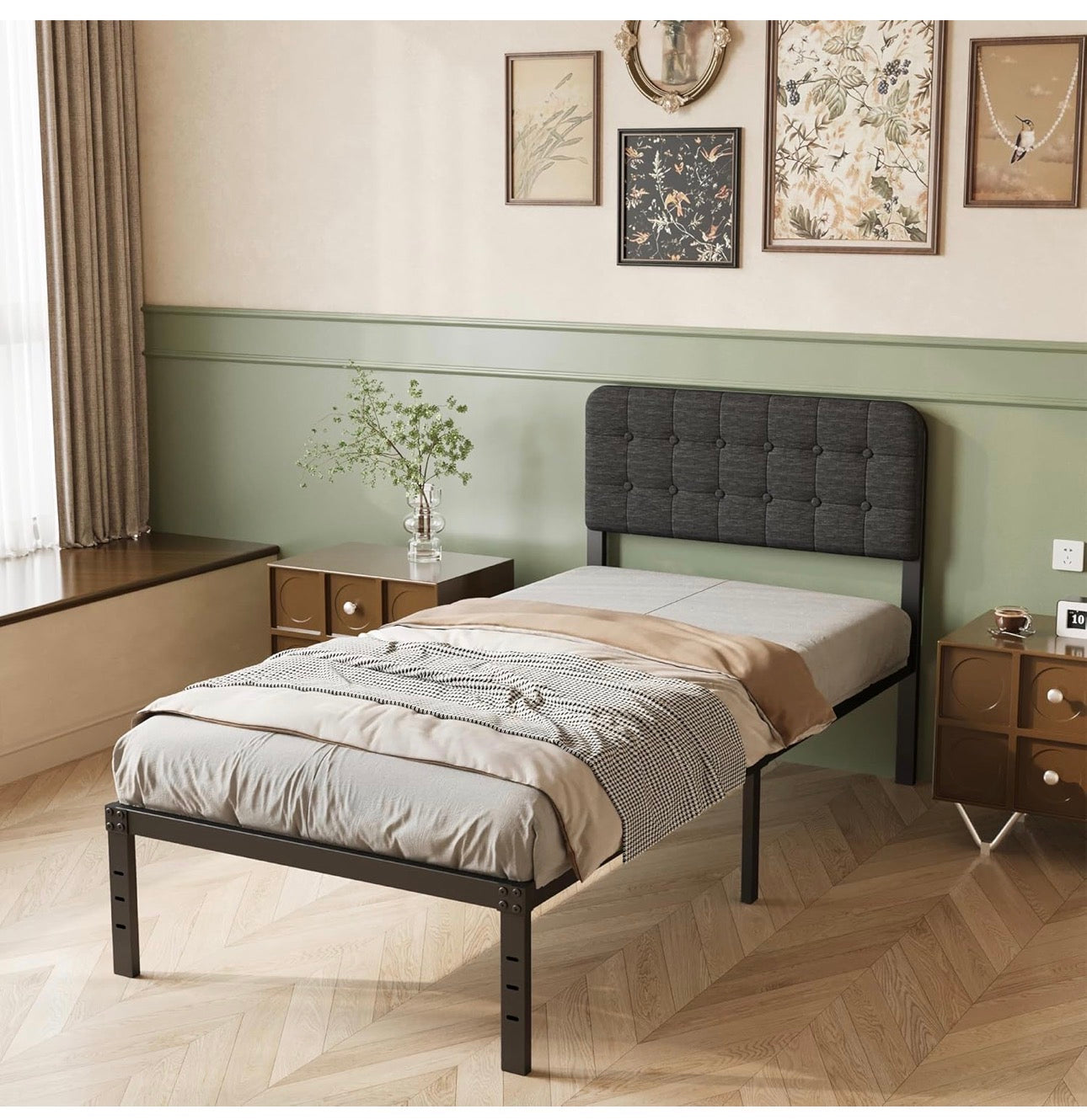 3ft Single Bed Frame with Upholstered Headboard and Footboard, 36cm High Metal Bed Frame Single 90x 190cm