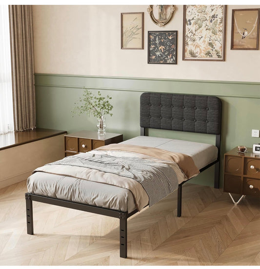 3ft Single Bed Frame with Upholstered Headboard and Footboard, 36cm High Metal Bed Frame Single 90x 190cm
