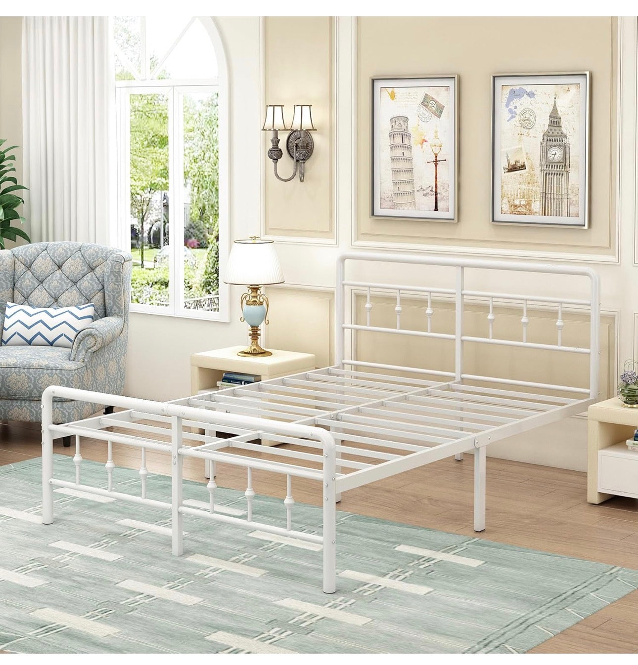 4ft6 Double Bed Frame with Headboard and Footboard, Metal Double Bed Frame Under Bed Storage 36cm