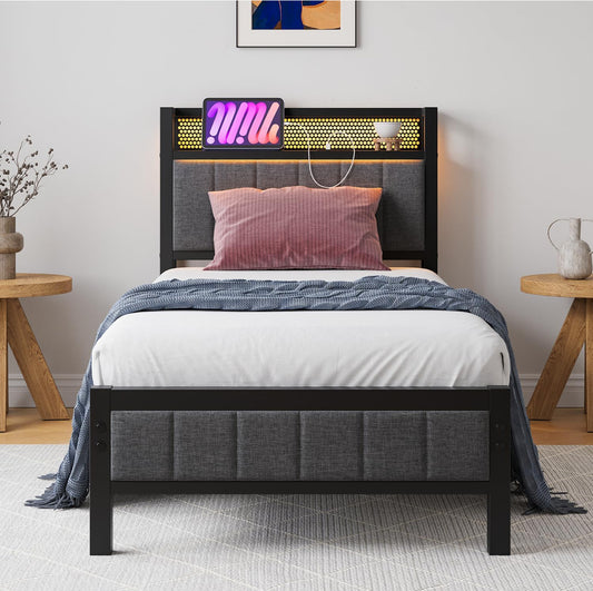 Single Bed Frames with Storage Headboard and Charging Station/LED Lights