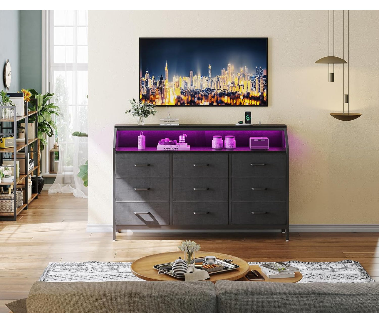 Black Chest of Drawers Bedroom with 9 Fabric Drawers, Storage Dresser with 2 Sockets 2 USB Ports and LED Light