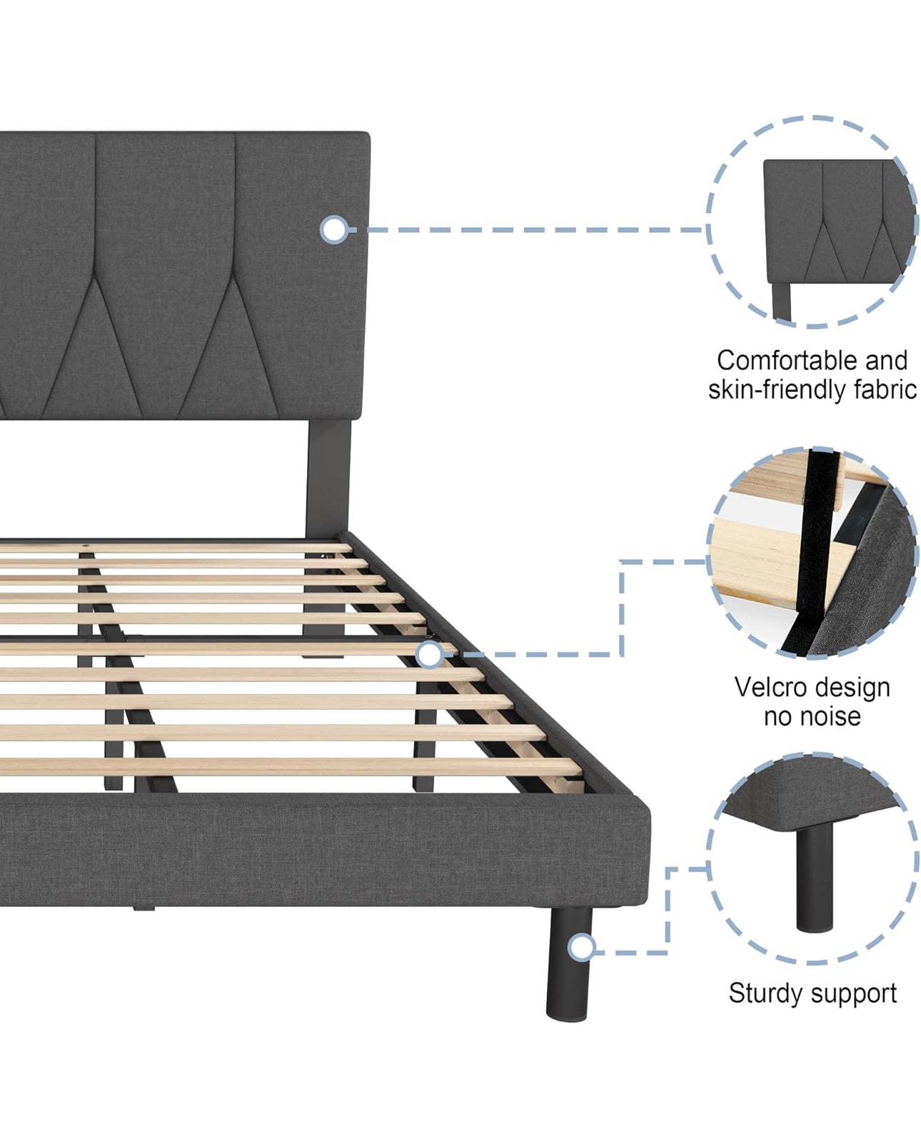 Single Bed Frame, Dark Grey, Upholstered