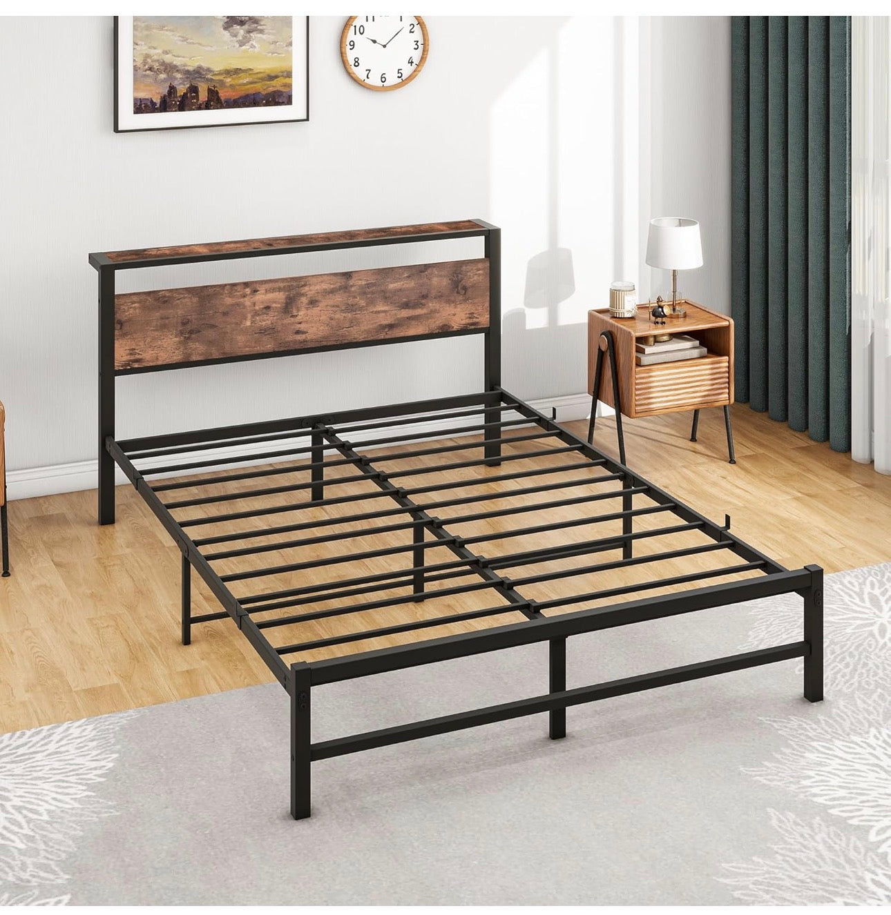5ft King Metal Platform Bed Frame with Wooden Storage Shelf Headboard, 150x200 cm